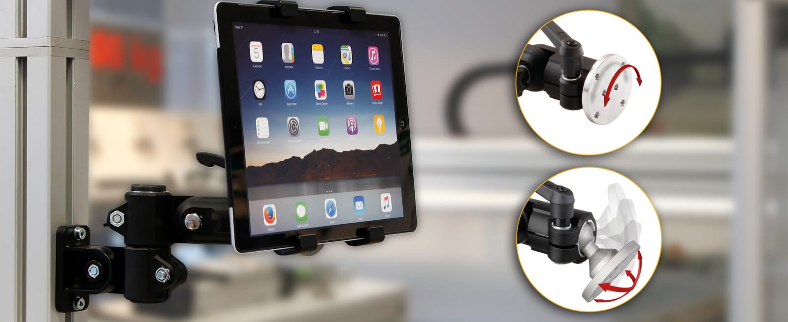 The tablet holder can be mounted directly on the fastening flange of the RK monitor mounting