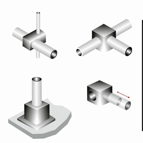 Uniones para tubos en ángulo recto: Conector en cruz | Conector de ángulo | Conector de pie | Conector de enchufe