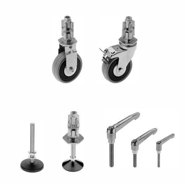 Adjustable feet | steering/fixed castors | clamping levers